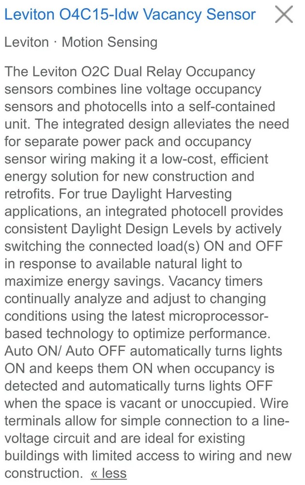 Leviton Vacancy Sensor 04C15-IDW