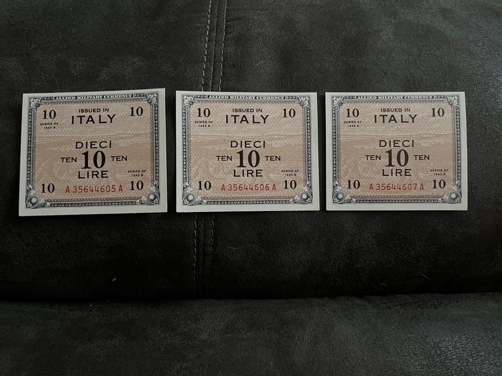Three Consecutive Serial # 1943 A Italy 10 Lire P  M19 Uncirculated