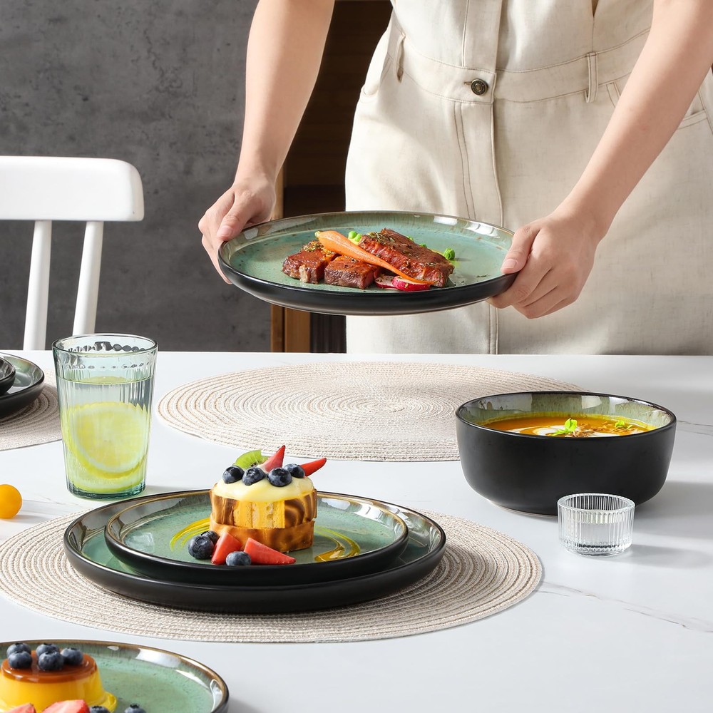 Plates and Bowls Sets, 18 Pieces Stoneware Dinnerware Sets for 6, Kitchen Dis...
