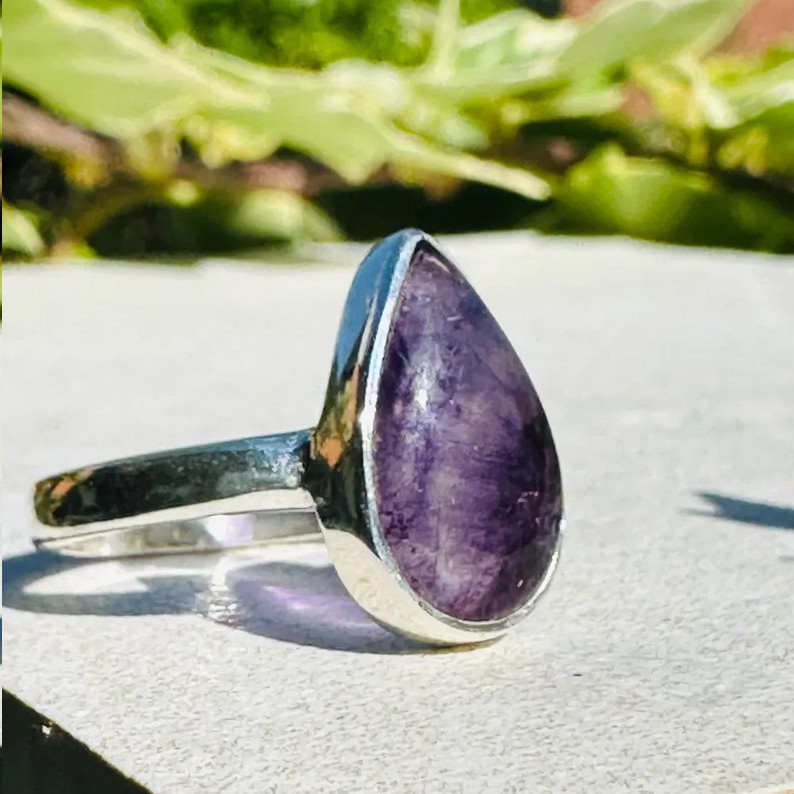 Solid 925 Sterling Silver Natural Purple Blue John Teardrop Stone Handmade Ring