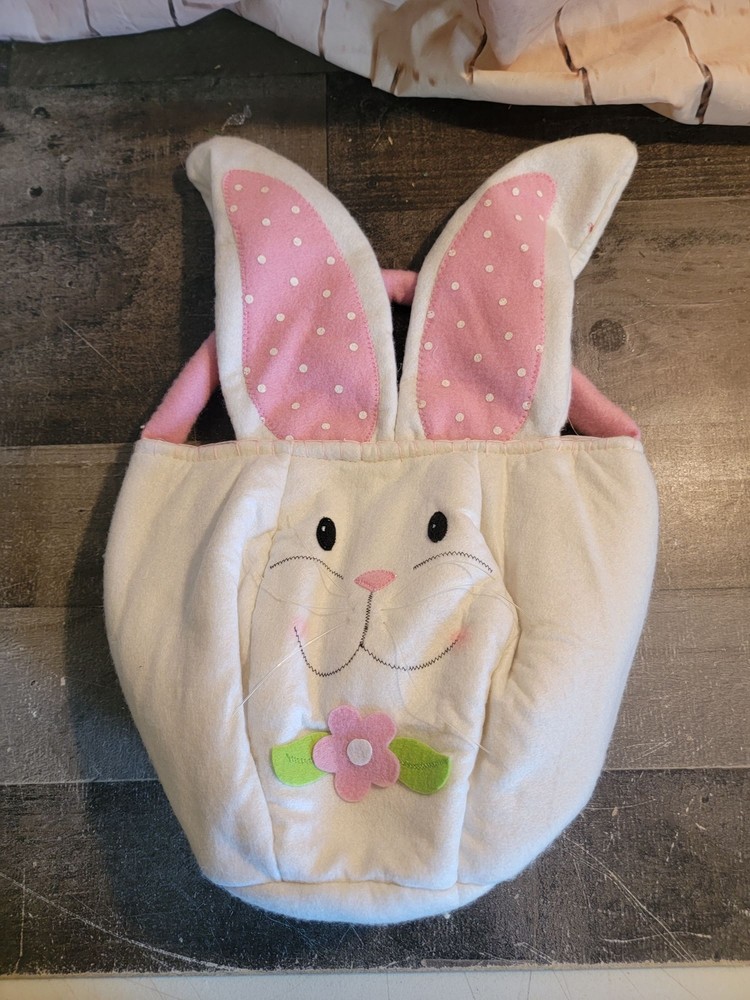 Pink plush Easter Bunny basket flower decor