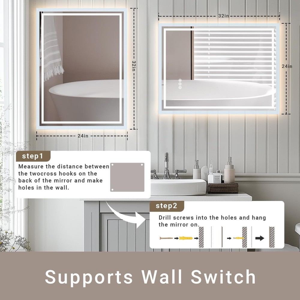 36"x 36" LED Bathroom Mirror with Stepless Dimmable, Backlight Wall Mirrors w...