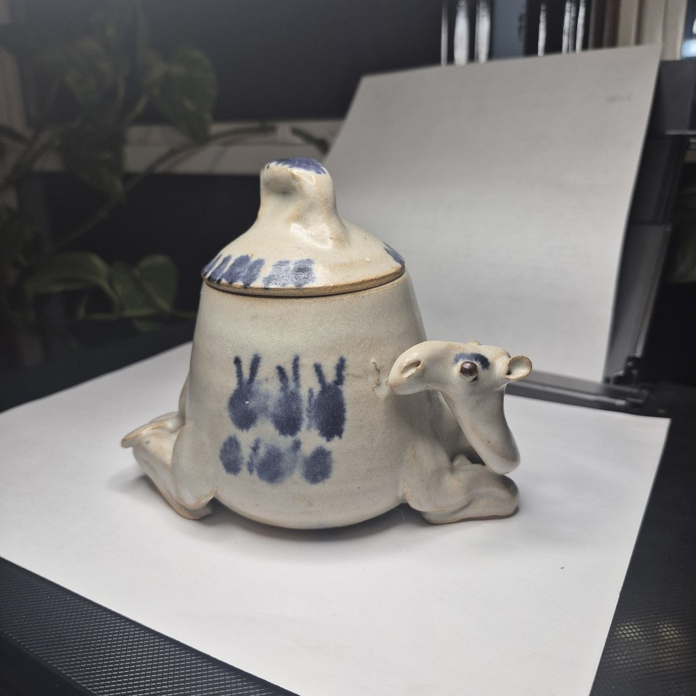 Studio Pottery Camel Dromedary Canister / Pot With Lid Blue Markings