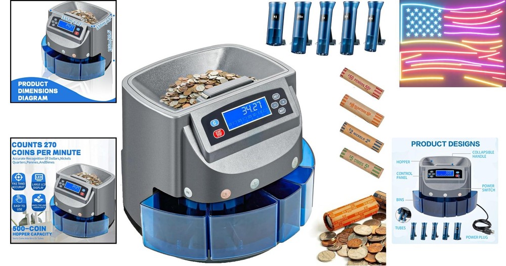Coin Sorter Machine with LCD Display, 500 Coins Capacity Automatic Coin Sorte...