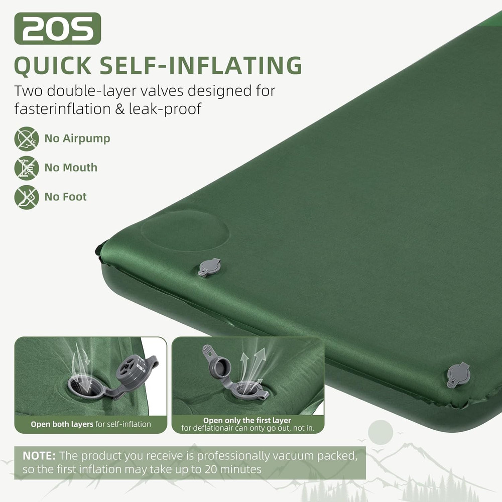 Memory Sleeping Pad, Ultra-Thick Foam Mat, Easy Storage, Fast Self-inflation