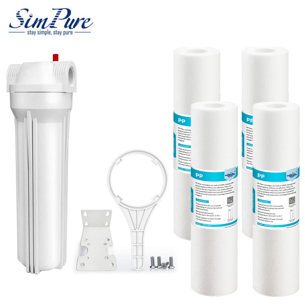 SimPure 10" x 2.5" Whole House Water Filter Housing System w/ 4 Sediment Filter