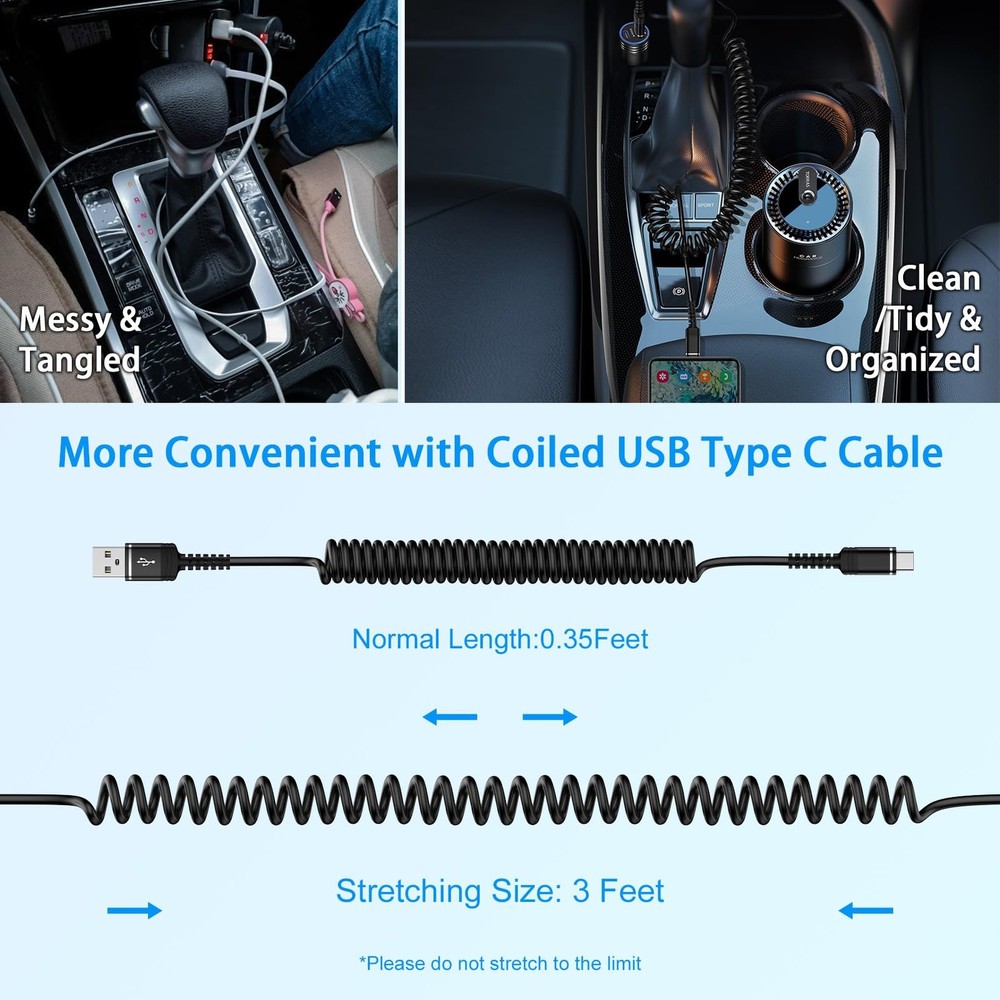 Fast Charger Cable Coiled USB C for Car 3FT Android Auto Type A to C