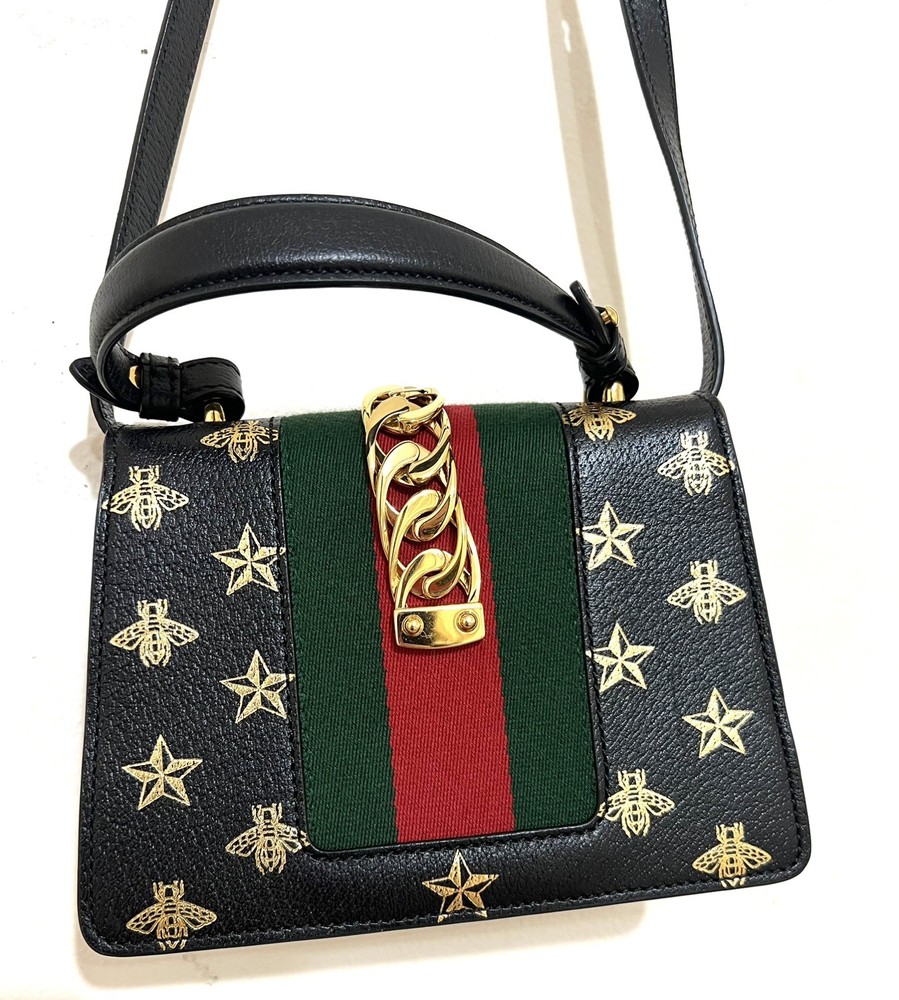 Authentic Gucci Sylvie Bee Star Leather Shoulder Bag