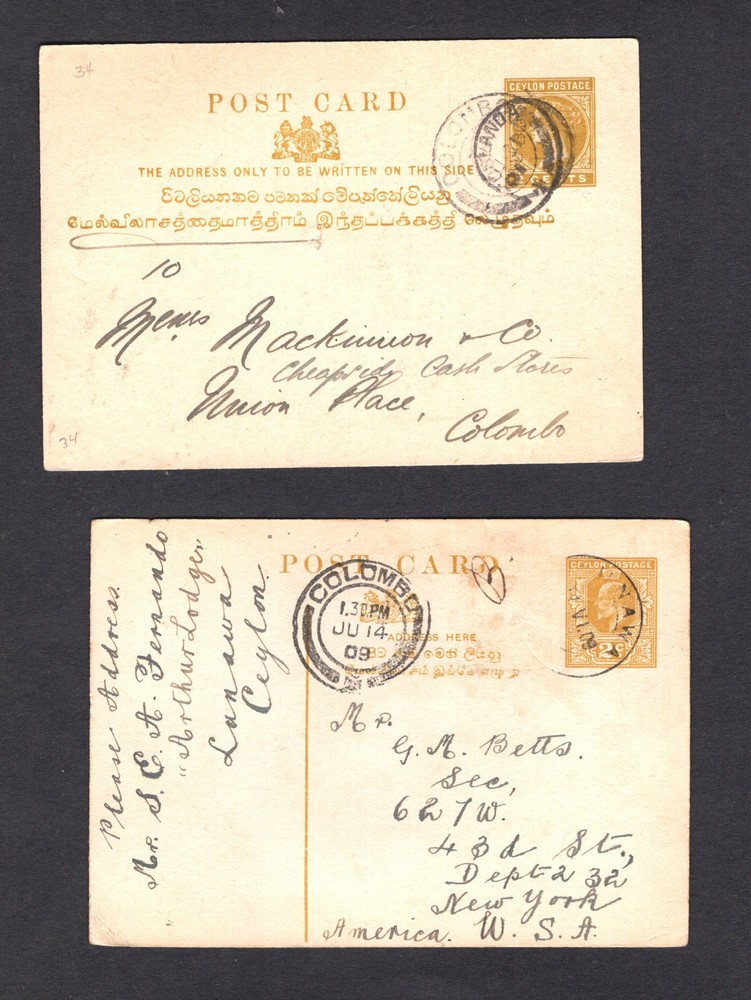 Ceylon  2  postal  cards  used,  one  to  New York
