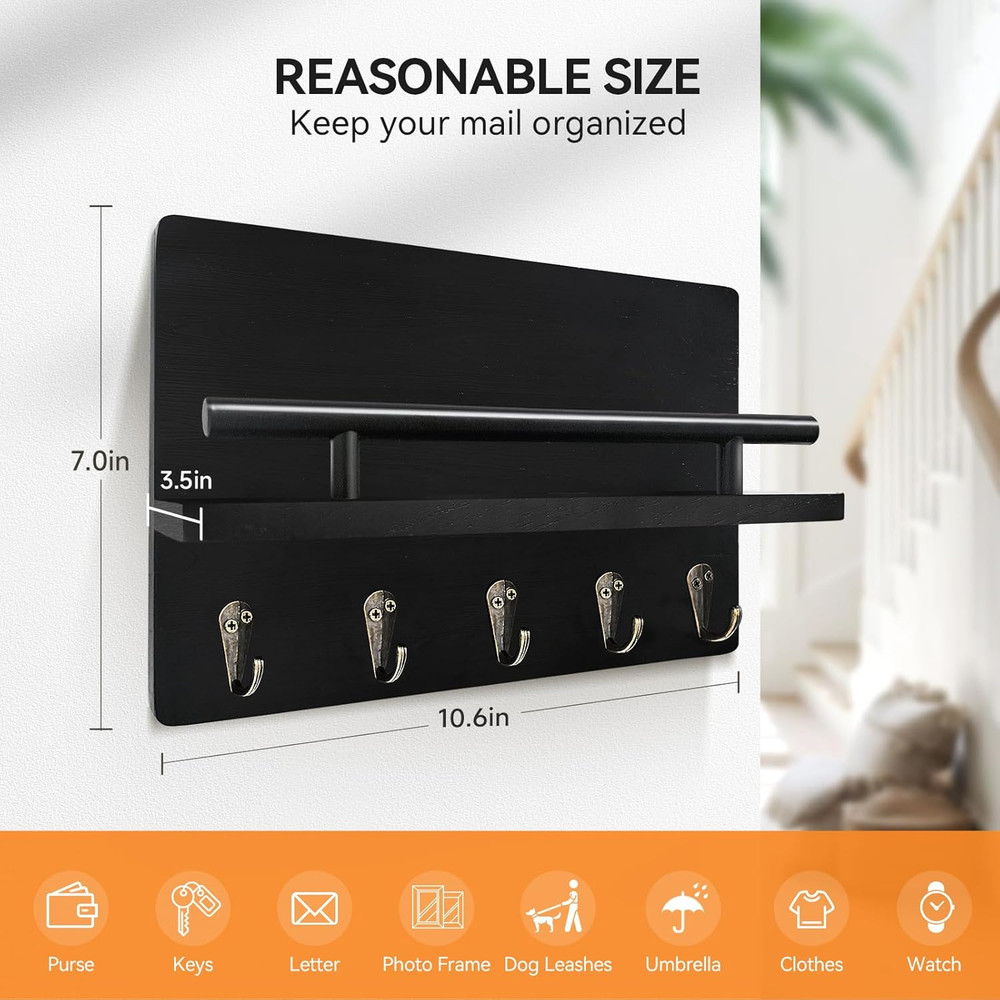 Key Holder Wall Mount, Decorative Key Rack with Shelf & 5 Sturdy Hooks, Rusti...