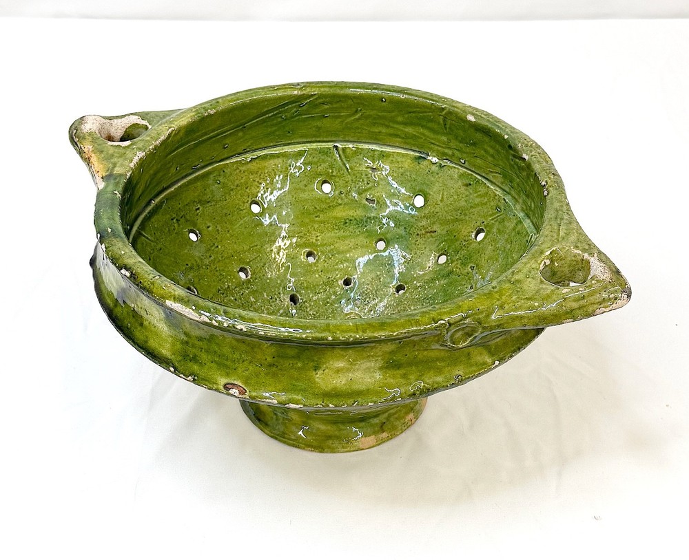 Antique Ceramic Colander Green Glazed Earthenware Fruit Strainer Berry Bowl