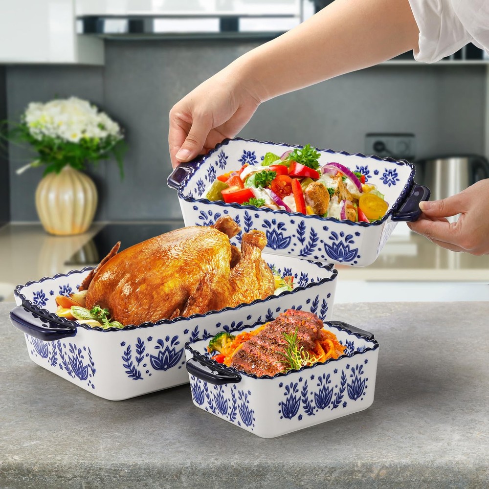 SOUJOY 3-Pack Porcelain Bakeware Set - Rectangular Baking Dishes, Lasagna Pan