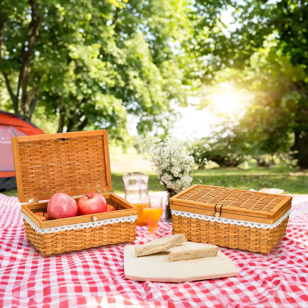2 Pack Storage Basket with Lid, Handwoven Rectangular Storage Organizer for S...