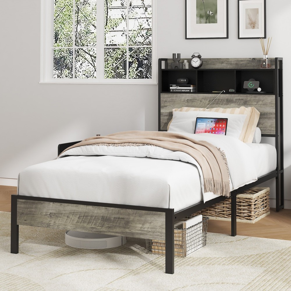 Twin/Full Size Bed Frame Metal Platform Bed with Storage Headboard & USB Port