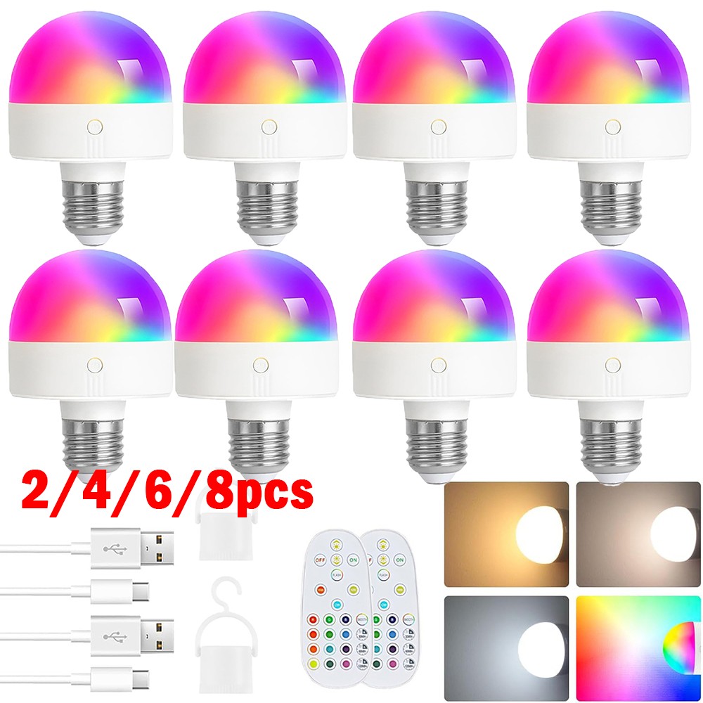 2-8pcs E27 Rechargeable Light Bulbs Remote Control Timer 300LM 3 Color w/ 12 RGB