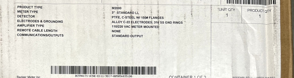 Badger Meter M-Series M2000 Electromagnetic Flow Meter 3” - NEW