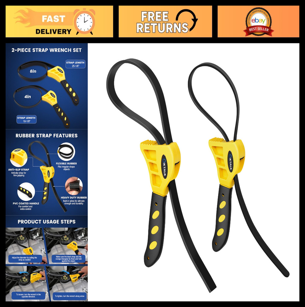 2-Pack Adjustable Rubber Strap Wrench Set - 4" & 6" Oil Filter & Jar Opener Tool