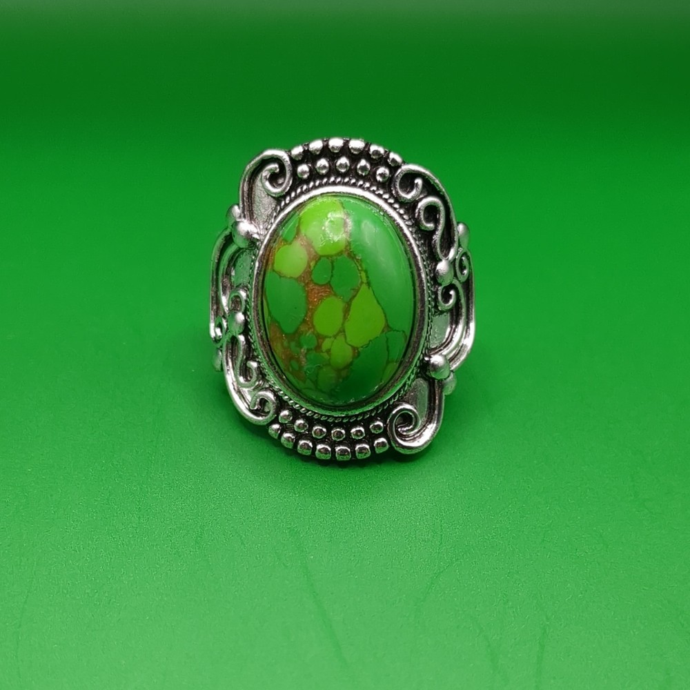 Green Oval Statement Ring Bezel Setting Silver Tone Ethnic Style