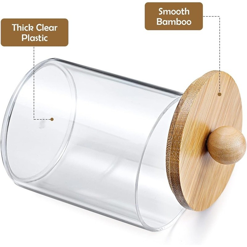 4 Pack Qtip Holder Dispenser with Bamboo Lids 10 oz Clear Plastic Jar Container