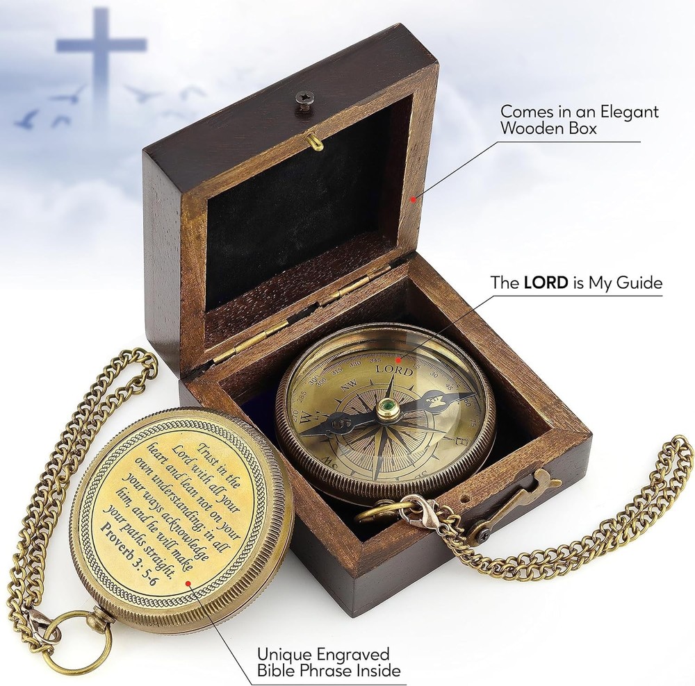 Brass Compass Gift with Display Box - Engraved Scripture Prayer Compass Relig...