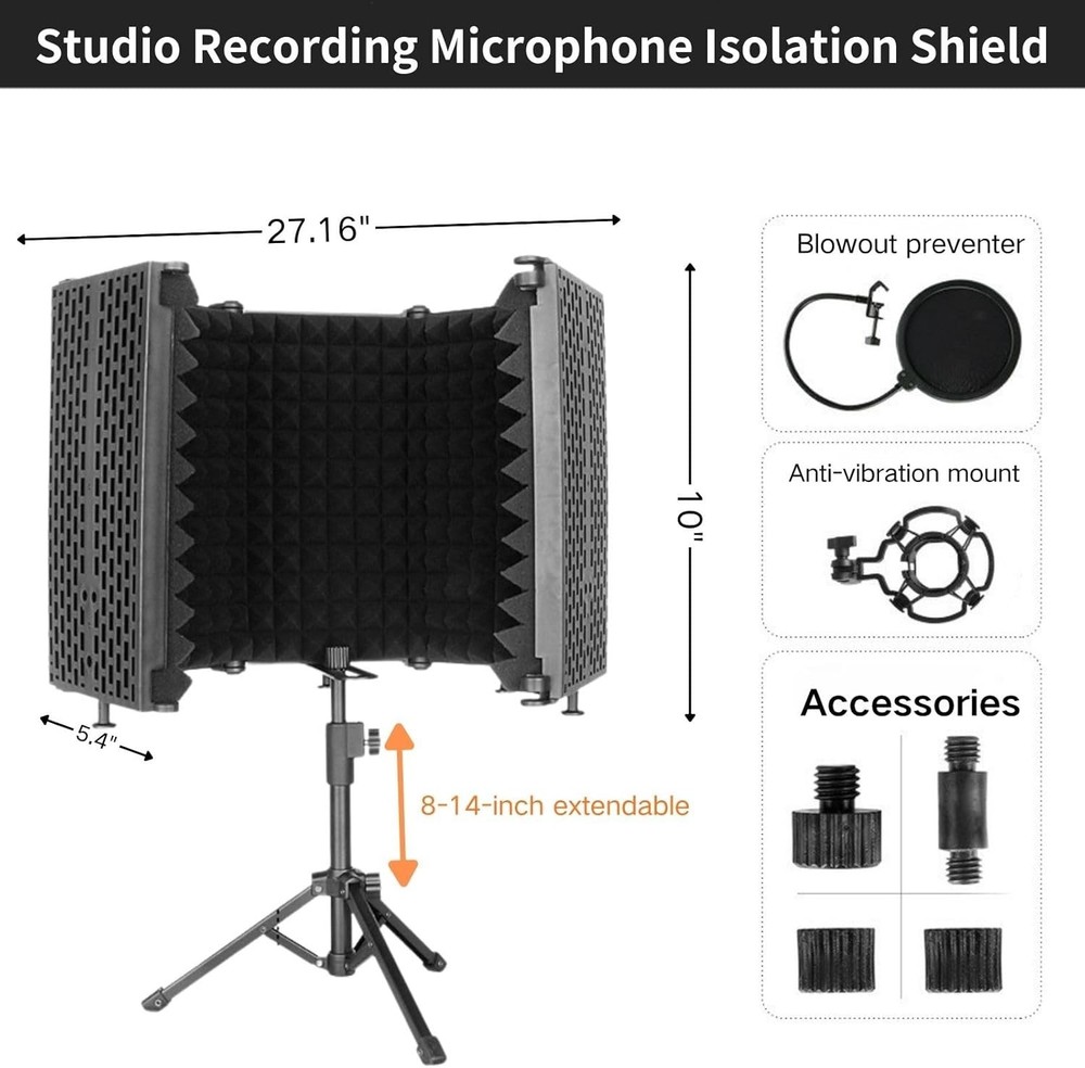 Microphone Stand with Isolation Shield and Pop Filter for Recording