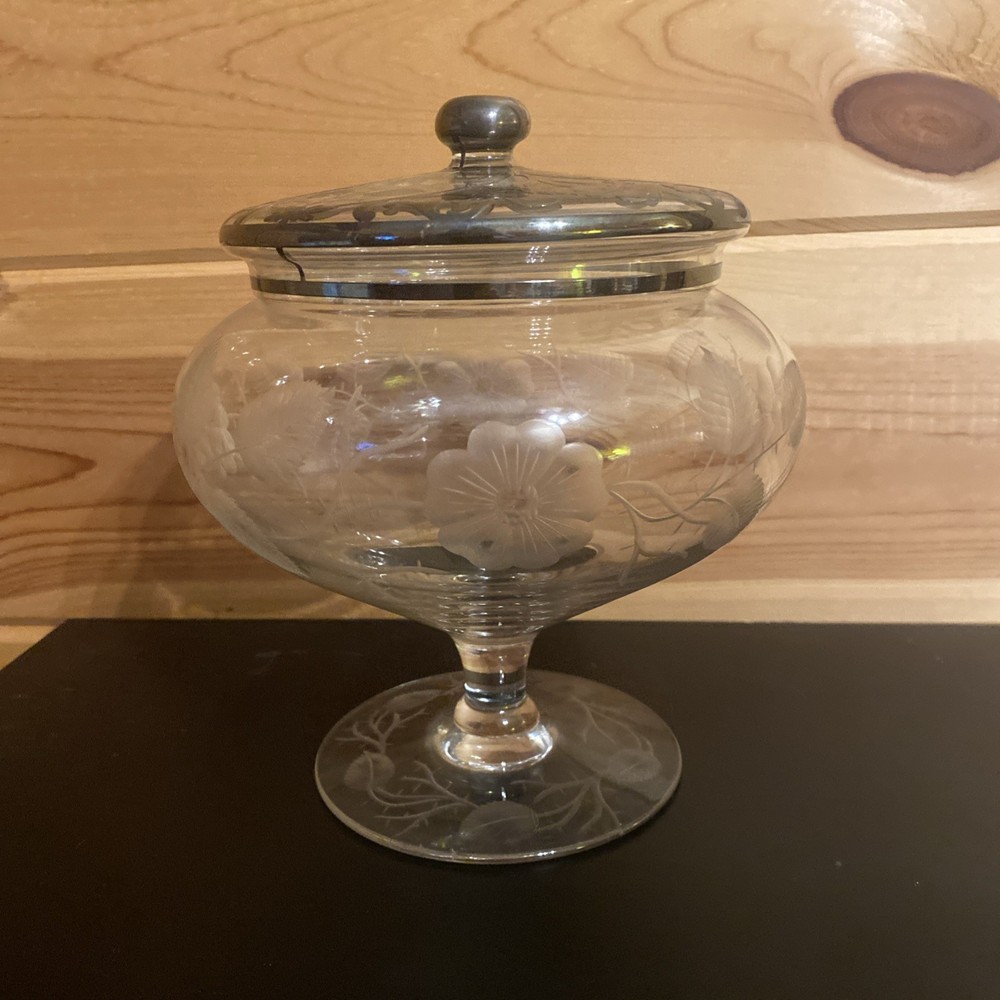 Etched Glass Compote With Silver Overlay Beautiful!