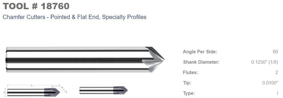 18760 CHAMFERING END MILL - 2 FLUTE - 60 DEG. - .010 TIP