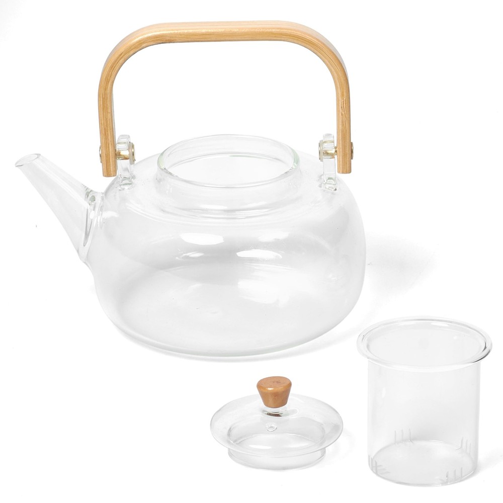 Glass Teapot with Infuser - Borosilicate Kettle Bamboo Lid Clear Dishwasher