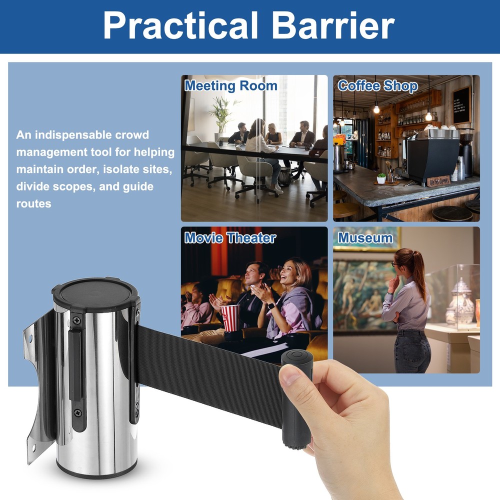4 Pcs 9.84 ft Fixed Wall Mount Retractable Belt Barrier Silver/Black