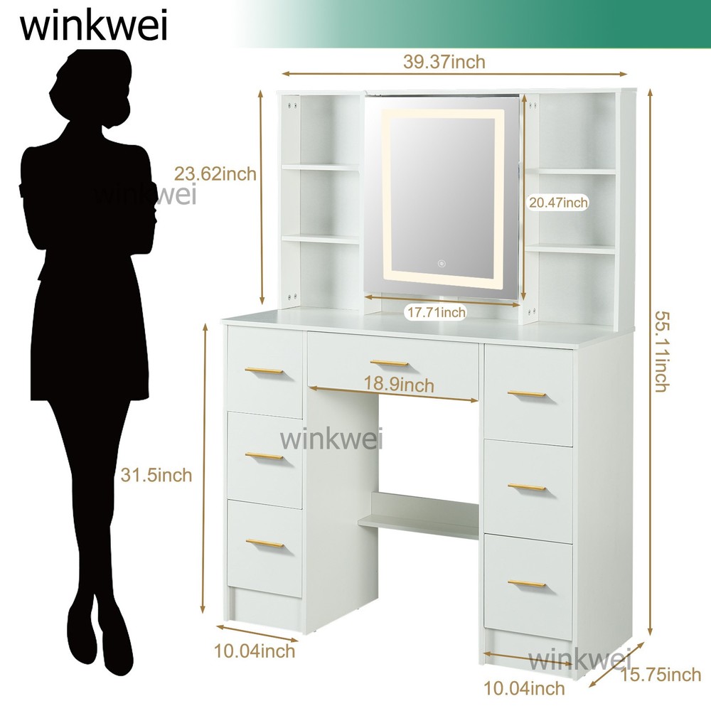 100cm Vanity Desk with Smart LED Mirror Makeup Vanity and 7 Drawers & Gold Pull