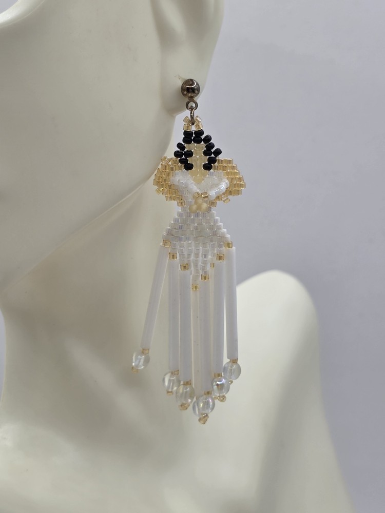 Hand Beaded Angels White Dangle Earrings 3"