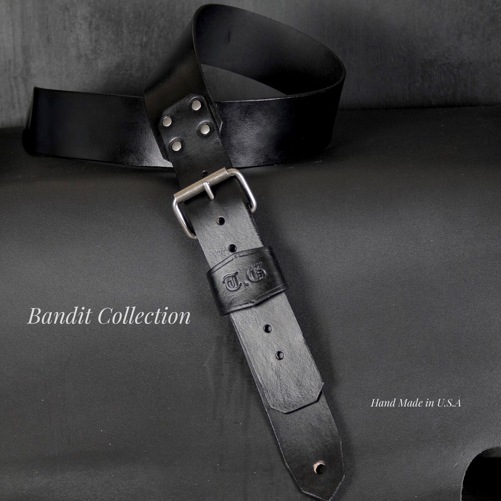 Personalized Leather Guitar Strap. Buckle & Studs design. BLACK