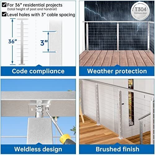 Muzata Level drilled Cable Railing Post 36"x2"x2" Adjustable Top Level Line P...