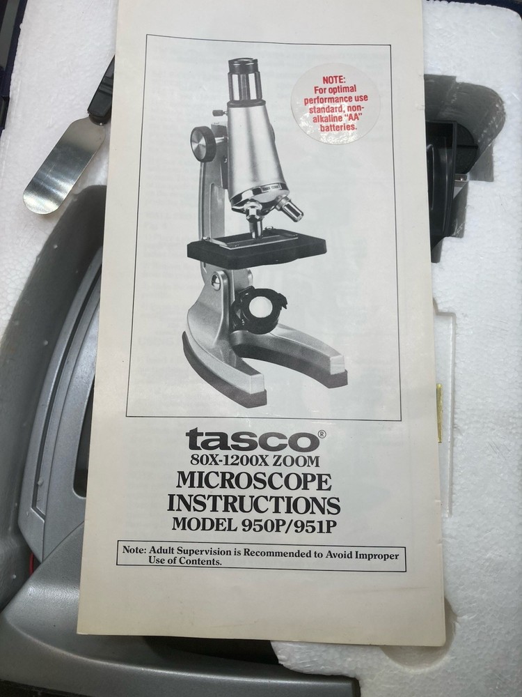 Vintage Tasco 1200X Microscope Set with Case- Tools- Samples. 0026