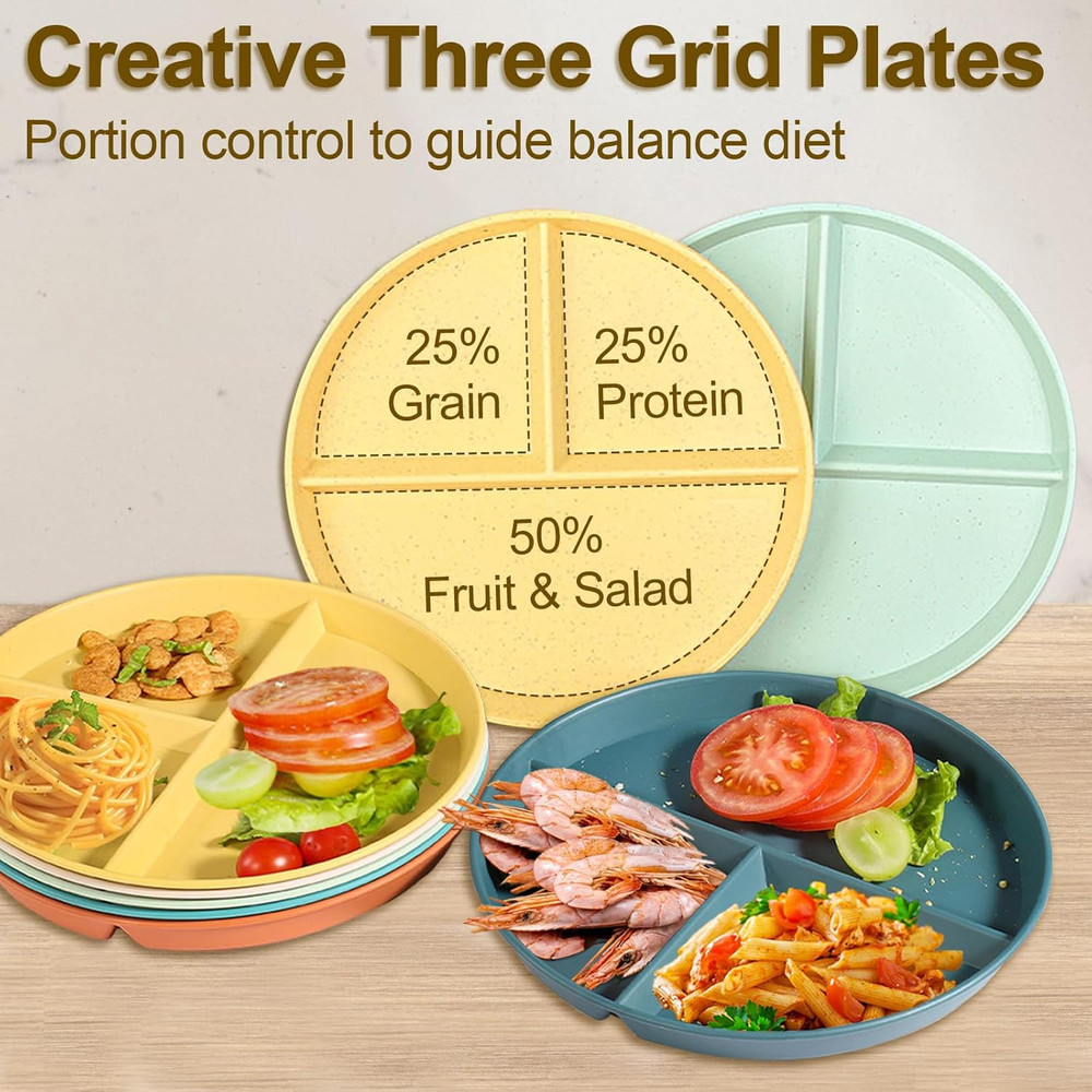 Divided Plates for Adults (8 Packs) Unbreakable Portion Control Plate Sectioned