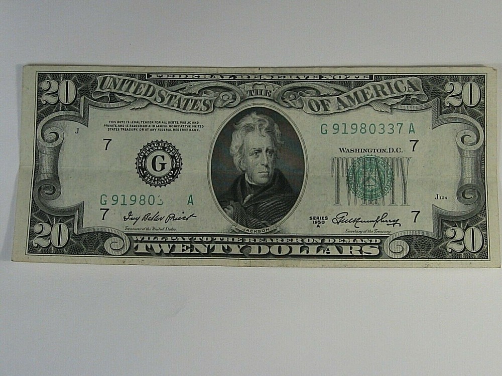 ERROR Note:1950-A $20 FRN w/ Missing Serial Numbers - Print over Foreign Object.