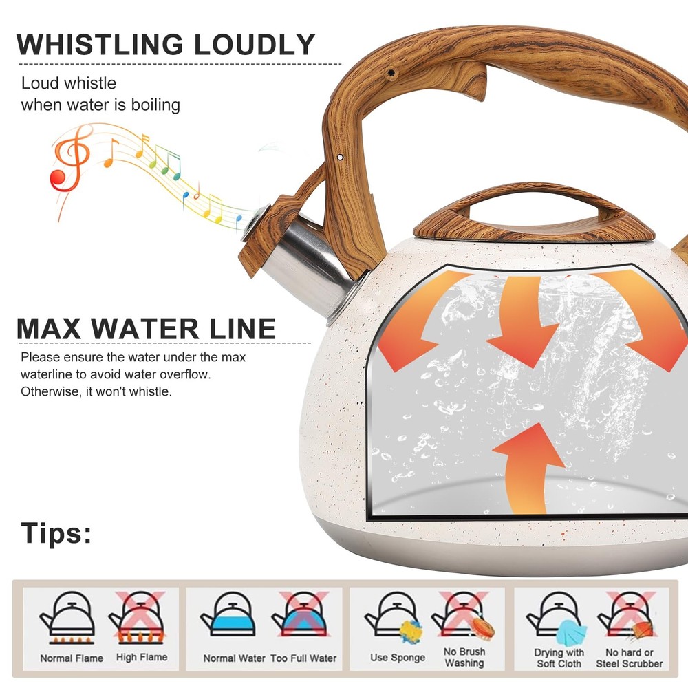 Whistling Tea Kettle 3 Liter with Wood Pattern Folding Handle B-White