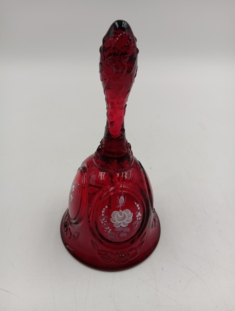Fenton Ruby Red Bell Hand Painted Flowers Signed By Artist