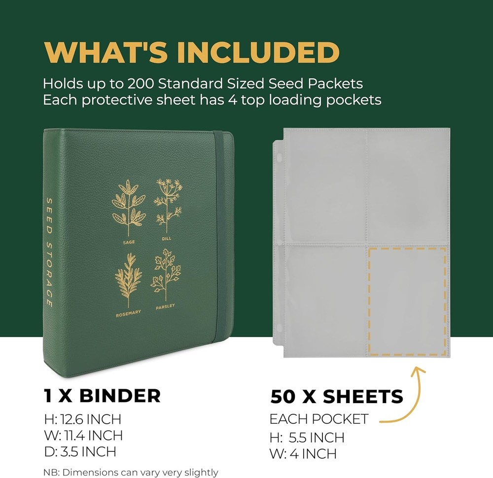 Seed Storage Organizer Binder - Seed Packet Organizer with 50 Pack Sheet Prot...