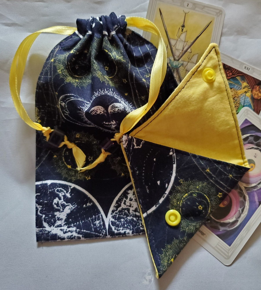 Tarot/Oracle Card Drawstring Bag Handmade Navy Celestial PLUS Crystal Pouch