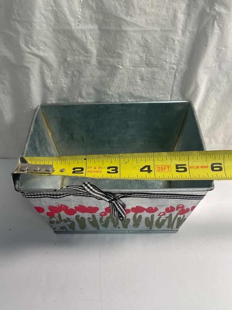 Rose Flower Stamped/ Embossed Rectangle Tin Container with Fabric Bow 4”x5.5”