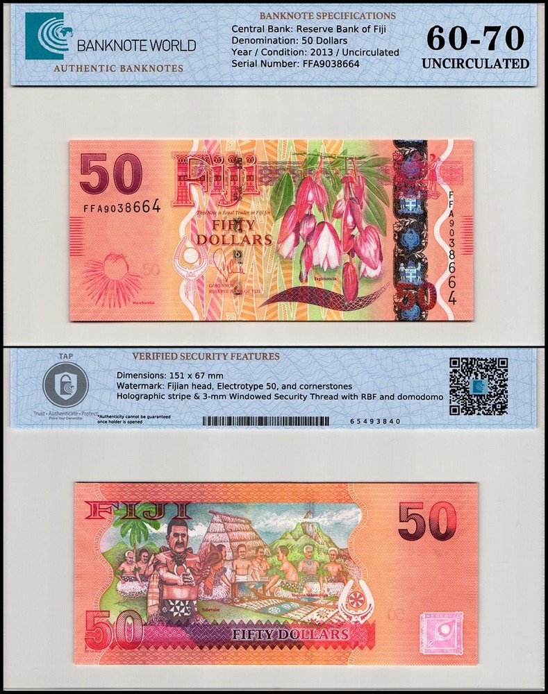 Fiji 50 Dollars, 2013 ND, P-118a, UNC, Authenticated Banknote