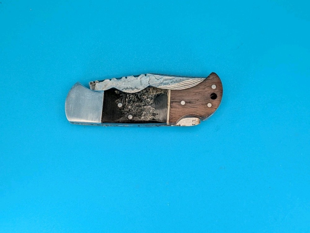 Zelus Damascus Blade Plain Edge Lockback Knife! With Leather Sheath!
