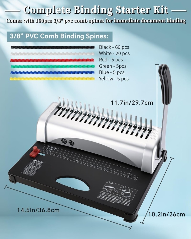 Multi-Size Comb Binding Machine - Binds 450 Sheets with 100 Colored PVC Spines