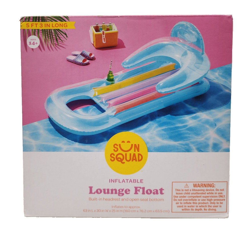 Sun Squad Inflatable Lounge Pool Float w/ Headrest and Cup Holder