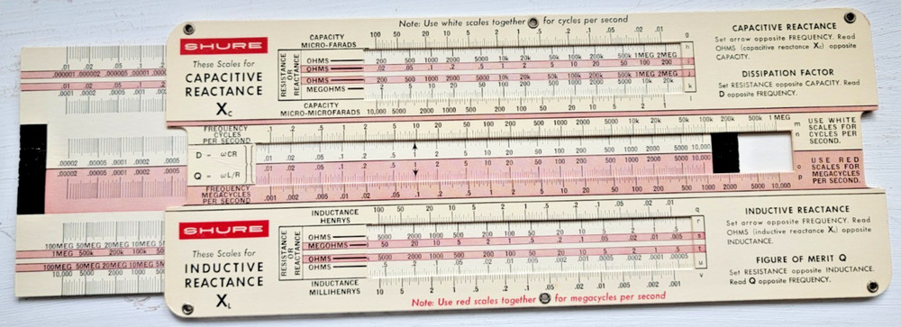 Vintage SHURE Capacitive/Inductive Reactance SlideRule Calculator & Booklet 1957