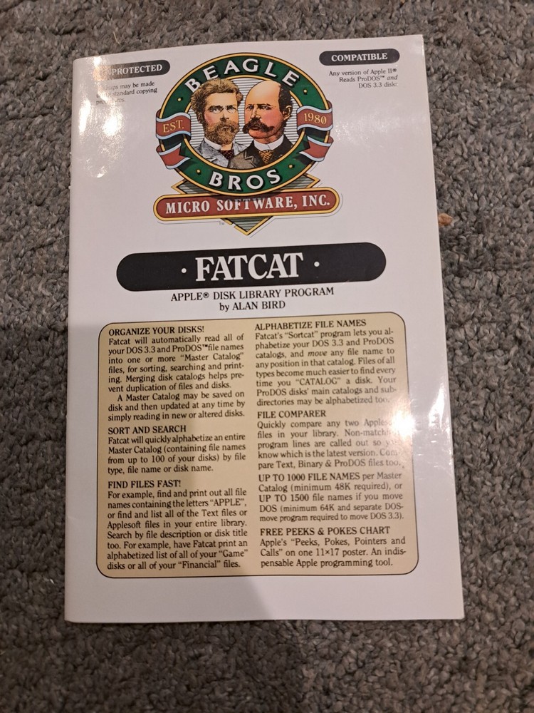 Beagle Bros Micro Software FatCat Apple Disk Library Program Alan Bird Manual