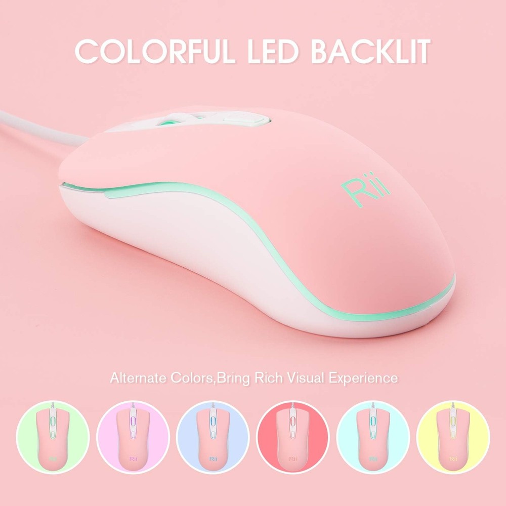 Rii Wired Mouse, USB Computer Mouse,RGB Optical Office Mice for PINK