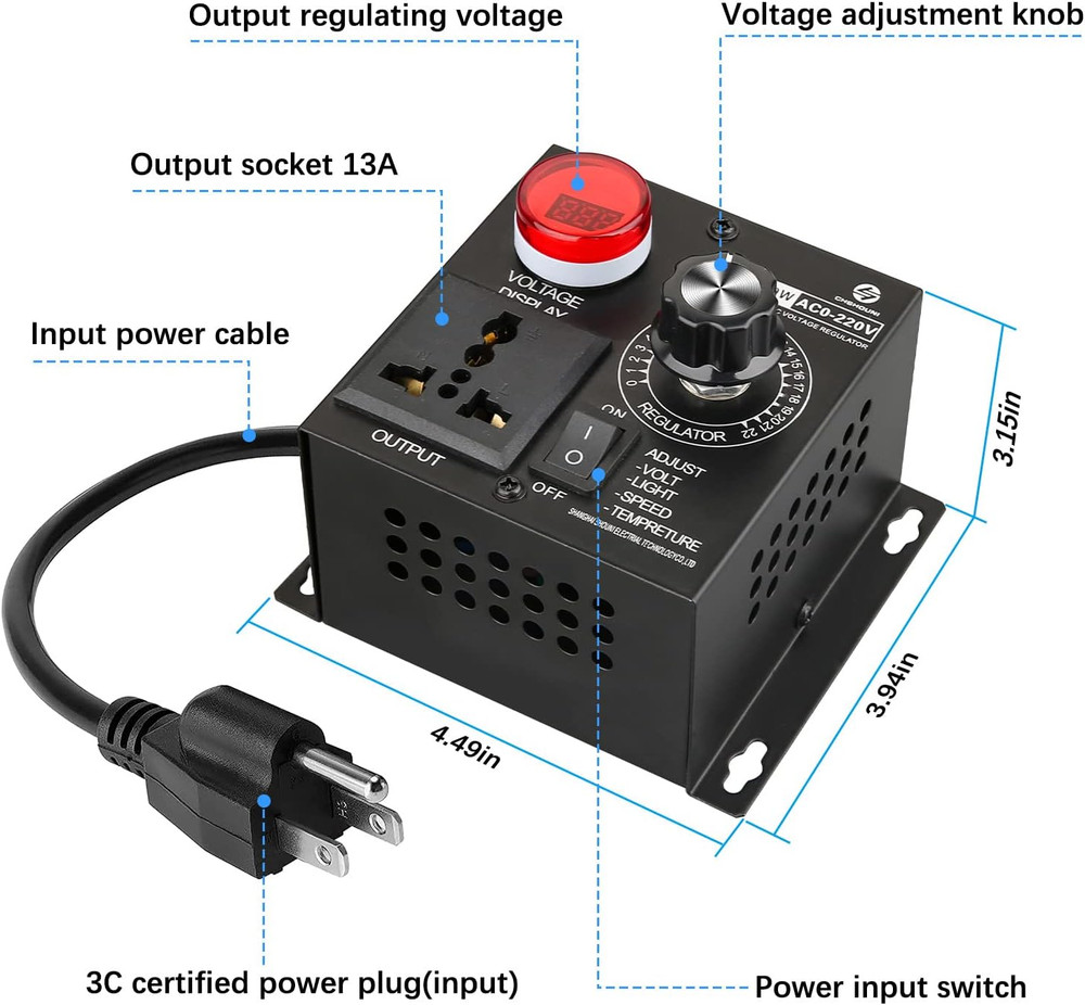 AC Variable Speed Controller, 120V~220V 15A 4000W SCR Voltage Controller for Rou