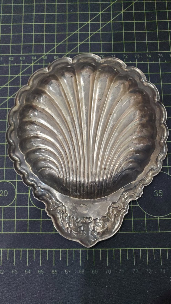 Vintage Silverplate Scallop Shell Dish - Coastal Catchall - Ornate Scroll Handle